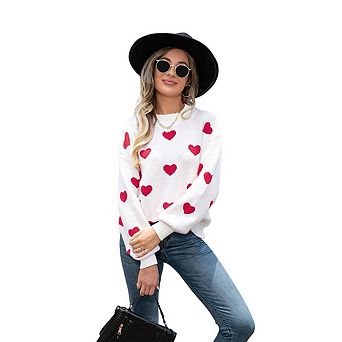 Womens Crew Neck Heart Print Knit Sweater Long Sleeve Loose Pullover Jumper