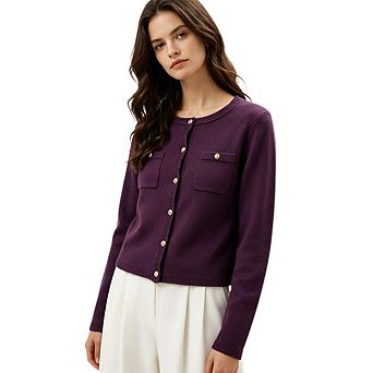 Women's Autumn Round Neck Long Sleeved Striped Cropped Formal Cardigan Sweater