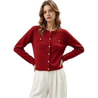Women's Autumn Round Neck Long Sleeved Striped Cropped Formal Cardigan Sweater