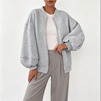 Women Oversized Zip‑Up Bomber Jacket, Drop‑Shoulder Balloon Sleeve Ribbed Casual Sweatshirt Coat