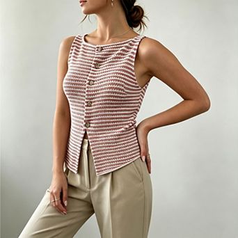 Women Trendy Square Neck Button Down Striped Knit Tank Top Casual Split Hem Sleeveless Vest