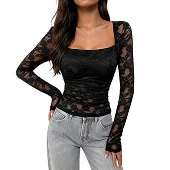 Women's Lace Floral Long Sleeve Going Out Tops Causal Square Neck Slim Fit Ruched Shirts