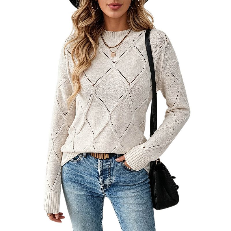 Women's Diamond Openwork Knit Long Sleeve Crew Neck Loose Casual ...