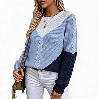 Women Crew Neck Color Block Cable Knit Sweater, Long Sleeve Loose Fit Casual Pullover Jumper Tops