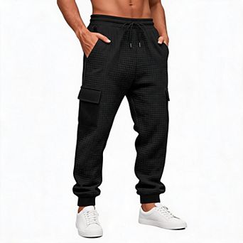 Mens Waffle Cargo Joggers Drawstring Waist Multi Pockets Jogger Pants Casual Trousers