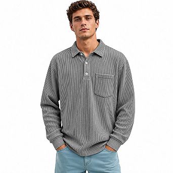 Mens Long Sleeve Polo Shirt Henley Collar Pocket Loose Top For Casual Daily Street Outfits