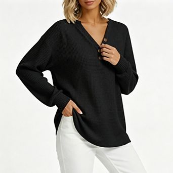 Women Henley Neck Waffle Knit Wooden Button Loose Soft Texture Daily Casual Long Sleeve Top
