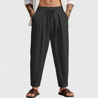 Men's Cotton Linen Harem Pants Casual Summer Loose Elastic Waist Drawstring Trousers with Pockets