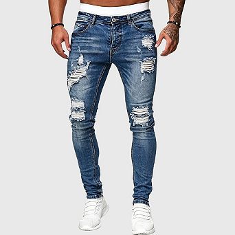 Men's Slim Fit Jeans Stretch Destroyed Ripped Skinny Jeans Side Striped Denim Pants