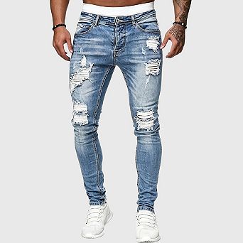 Men's Slim Fit Jeans Stretch Destroyed Ripped Skinny Jeans Side Striped Denim Pants
