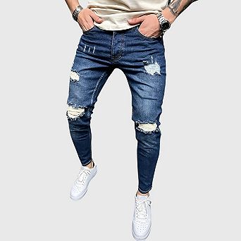 Men's Blue Slim Fit Jeans Stretch Destroyed Ripped Skinny Denim Pants