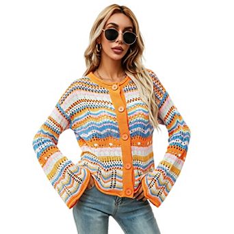 Women Open Front Button Down Striped Hollow Knit Cardigan Long Sleeve Boho Casual Sweater Jacket