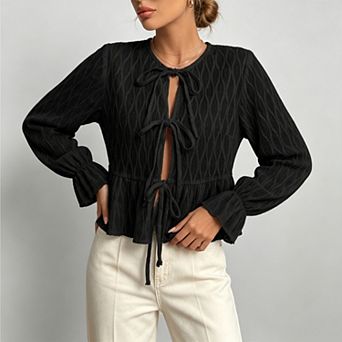 Womens Tie‑Up Lace Patchwork Balloon Long Sleeve Flared Hem v‑Neck Casual Top