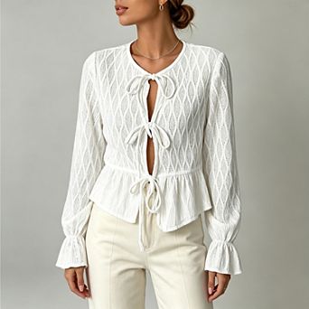 Womens Tie‑Up Lace Patchwork Balloon Long Sleeve Flared Hem v‑Neck Casual Top