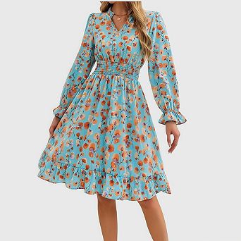 Women Long Sleeve Boho Babydoll Midi Dress Casual Ruffle v Neck Floral Party Wedding Guest Dress