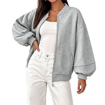 Women Stand Collar Balloon Sleeve Zip Up Oversized Cropped Sweatshirt Jacket