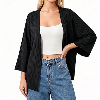 Women Open Front Three Quarter Batwing Sleeve Textured Knit Relaxed Fit Cardigan Casual Cover Up