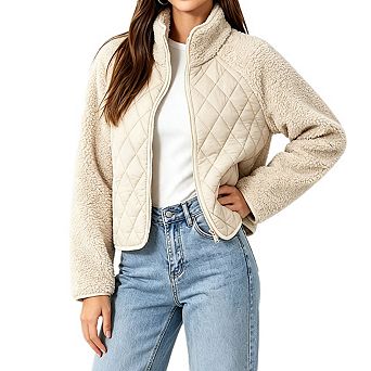 Women Stand Collar Long Sleeve Zip Up Fleece Cropped Casual Warm Jacket Outerwear