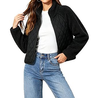 Women Stand Collar Long Sleeve Zip Up Fleece Cropped Casual Warm Jacket Outerwear