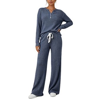 Womens 2 pc Matching Lounge Sets Long Sleeve Henley Top Drawstring Wide Leg Pant with Pockets
