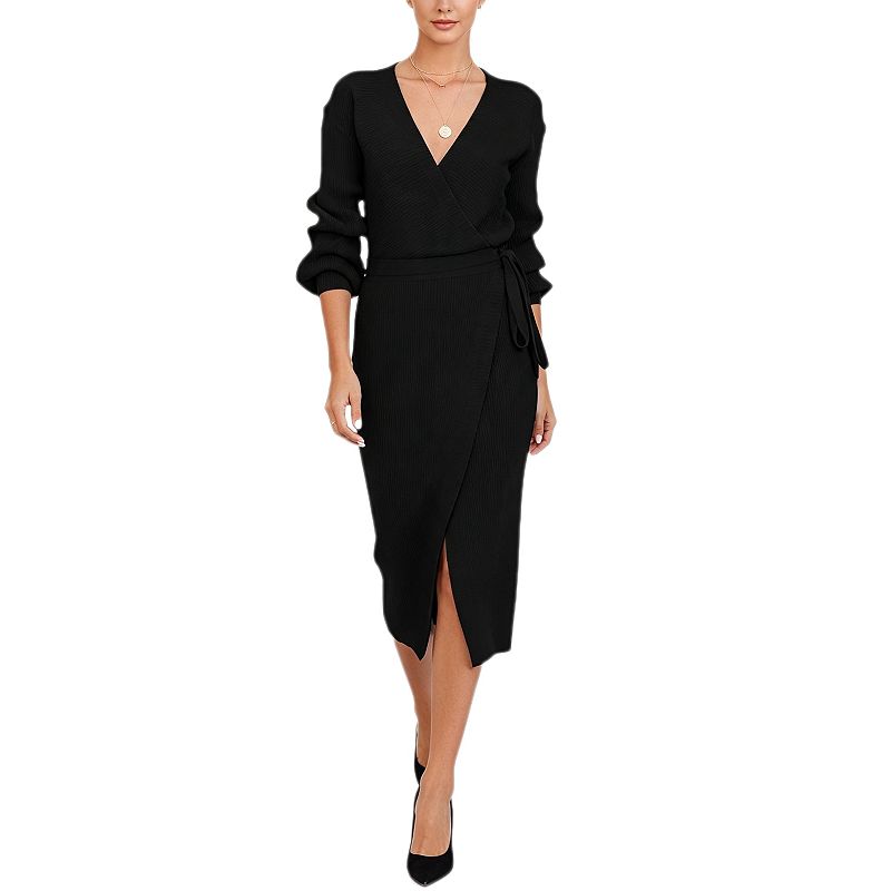 rib knit wrap dress Women's V Neck Belted Midi Long Sleeve Fall Casual Ribbed Side Slit Dress $50-$75