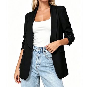 Women Shawl Collar Ruched Sleeve Open Front Mid Length Relaxed Blazer Business Outerwear