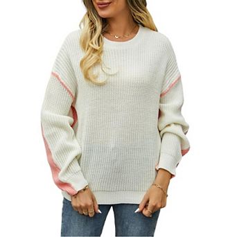 Womens Knit Color Block Long Sleeve Sweater Crewneck Knitted Casual Loose Blouses Tops