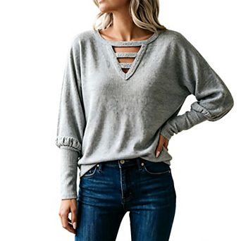 Women Batwing Long Sleeve Fall Crew Neck Sweatshirt v Neck t Shirts Drop the Shoulder Vintage Blouse