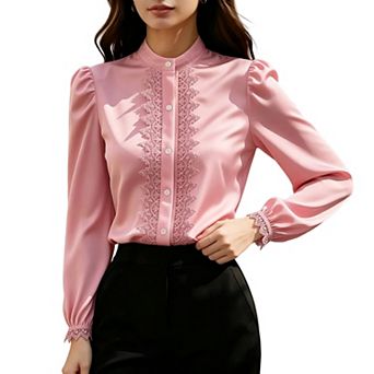 Women's Stand Collar Lace Button‑Up Blouse Elegant Puff Long Sleeve Satin Work Office Dress Tops