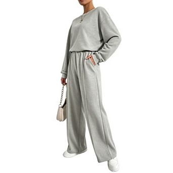Women's 2 pc Outfit Set Long Sleeve Crewneck Top High Waist Wide Leg Pants Casual Loungewear Suit
