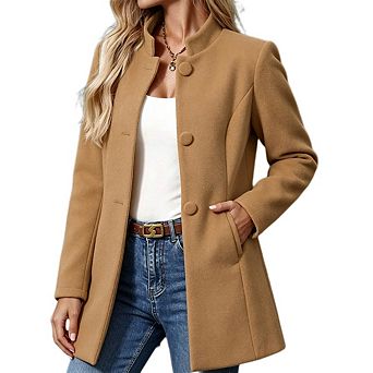 Women Wool Blend Stand Collar Mid Long Coat Single Breasted Pocket Design Casual Outerwear