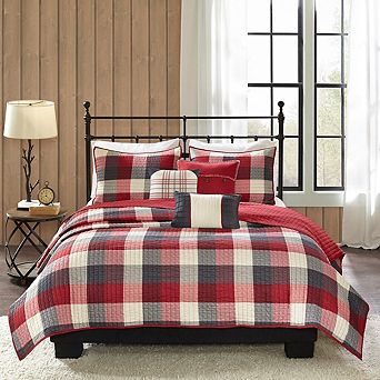 GDFStudio 6 pc Printed Herringbone Quilt Set with Buffalo Plaid & Lodge Style