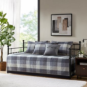 GDFStudio 6 pc Reversible Plaid Daybed Cover Set with Herringbone Print & Lodge Style
