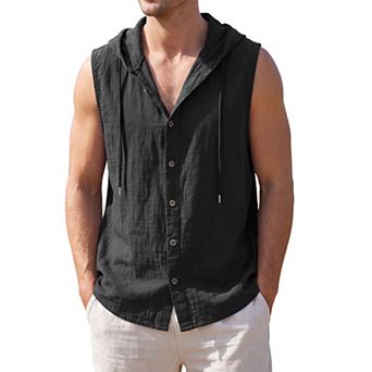 Men's Linen Hooded Sleeveless Shirt Button Down Casual