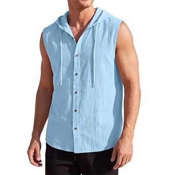 Men's Linen Hooded Sleeveless Shirt Button Down Casual