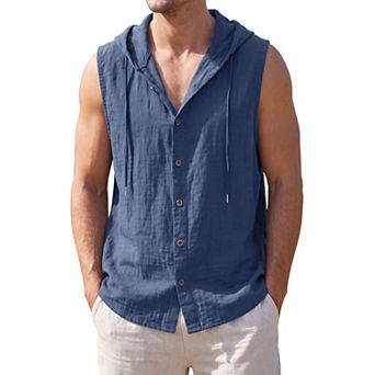 Men's Linen Hooded Sleeveless Shirt Button Down Casual
