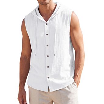 Men's Linen Hooded Sleeveless Shirt Button Down Casual