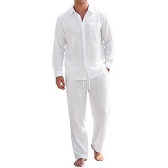 Men's Linen 2 pc Set Outfits Long Sleeve Shirt Drawstring Pants