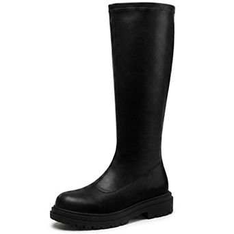Women's Round Toe Knee‑High Boots, Platform Chunky Lug Sole Tall Boots with Back Zipper Closure