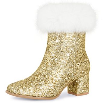 Women's Square Toe Glitter Ankle Booties, Faux Fur Cuff Block Heel Short Boots