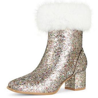 Women's Square Toe Glitter Ankle Booties, Faux Fur Cuff Block Heel Short Boots