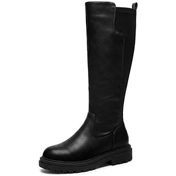 Women's Round Toe Knee‑High Boots, Stretch Panel Lug Sole Platform Boots