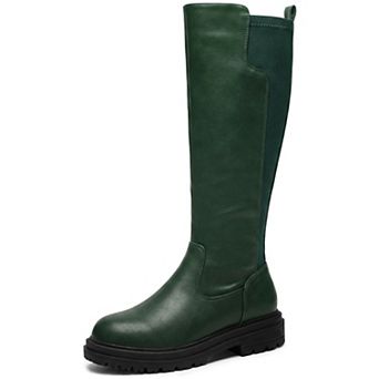 Women's Round Toe Knee‑High Boots, Stretch Panel Lug Sole Platform Boots
