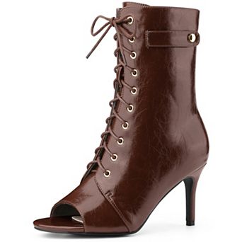 Women's Peep Toe Lace‑Up Ankle Booties, Stiletto Heel Short Boots with Side Zipper