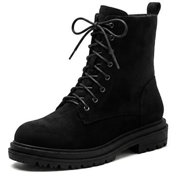 Women's Round Toe Combat Boots, Lace‑Up Platform Ankle Booties with Side Zipper