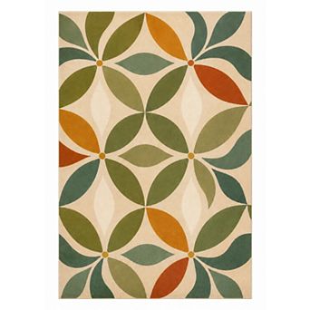 "Ultra Thin" 5'x7' MCM Botanical Leaf Rug, Cream Sage Olive Terracotta Decor
