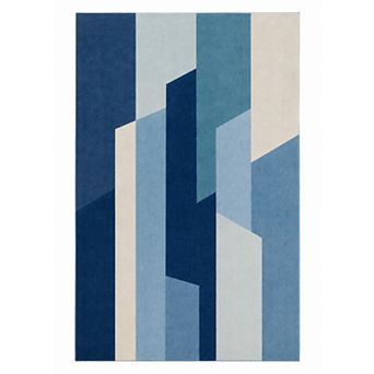 "Ultra Thin" 5'x7' Contemporary Color Block Rug, Navy Blue Teal Beige Decor