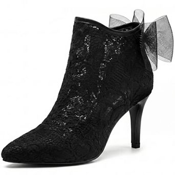 Women's Floral Lace Pointed Toe Stiletto Heeled Back Bow Ankle Boots