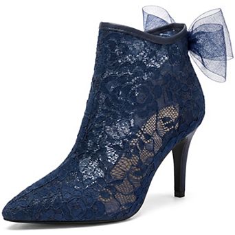 Women's Floral Lace Pointed Toe Stiletto Heeled Back Bow Ankle Boots