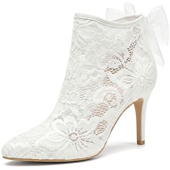 Women's Floral Lace Pointed Toe Stiletto Heeled Back Bow Ankle Boots